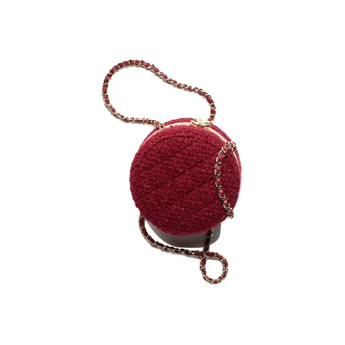 CHANEL Wool Twill Soft Woolen Round Bag, One Shoulder Crossbody Clutch Women's Burgundy-0