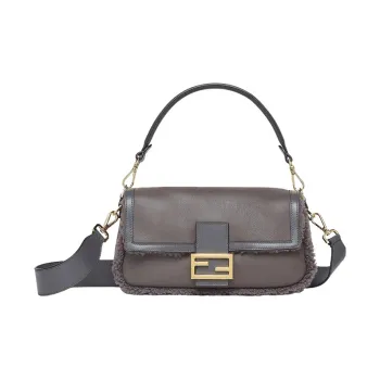 FENDI Baguette Lambskin Mixed Sheep Wool Portable Crossbody Bag Shoulder Bag Women's Dark Gray