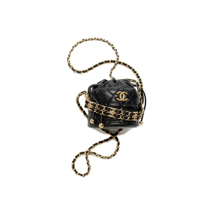 CHANEL 22K Autumn And Winter Grain Embossed Calfskin Bucket Bag, One Shoulder Crossbody Clutch Women's Black-0