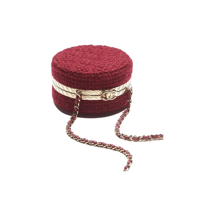 CHANEL Wool Twill Soft Woolen Round Bag, One Shoulder Crossbody Clutch Women's Burgundy-3