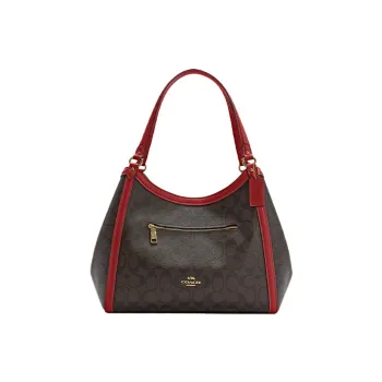 COACH Kristy Iconic Coated Canvas With Smooth Leather Bucket Bag, One Shoulder Handbag Tubas Women's Dark Brown & Red
