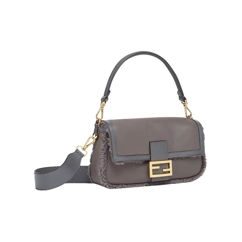 FENDI Baguette Lambskin Mixed Sheep Wool Portable Crossbody Bag Shoulder Bag Women's Dark Gray-1