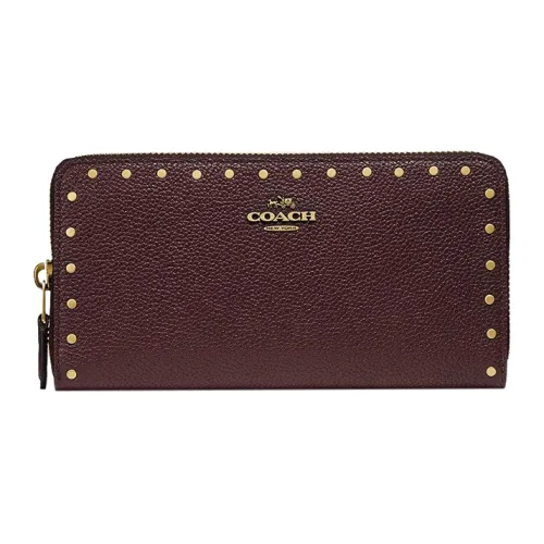 COACH Accordion Zip Glossy Pebbled Leather Clutches Card Holder Wallet Small Size Women's Ox Blood Color