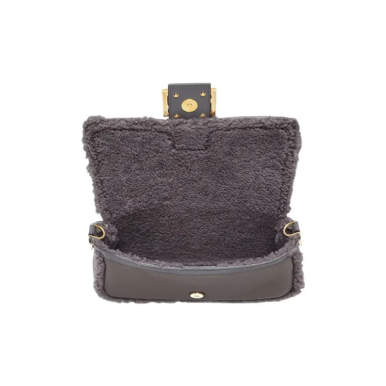 FENDI Baguette Lambskin Mixed Sheep Wool Portable Crossbody Bag Shoulder Bag Women's Dark Gray-3