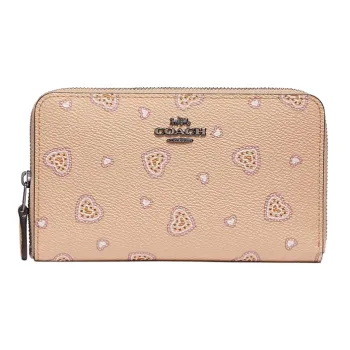 COACH Zip Around Leather Clutches Wallets Medium Size Women's Beige