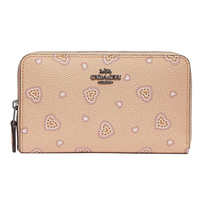COACH Zip Around Leather Clutches Wallets Medium Size Women's Beige-0