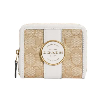 COACH Lonnie Jacquard Fabric With Cow Leather Clutch Wallet Trumpets Women's Light Khaki & White
