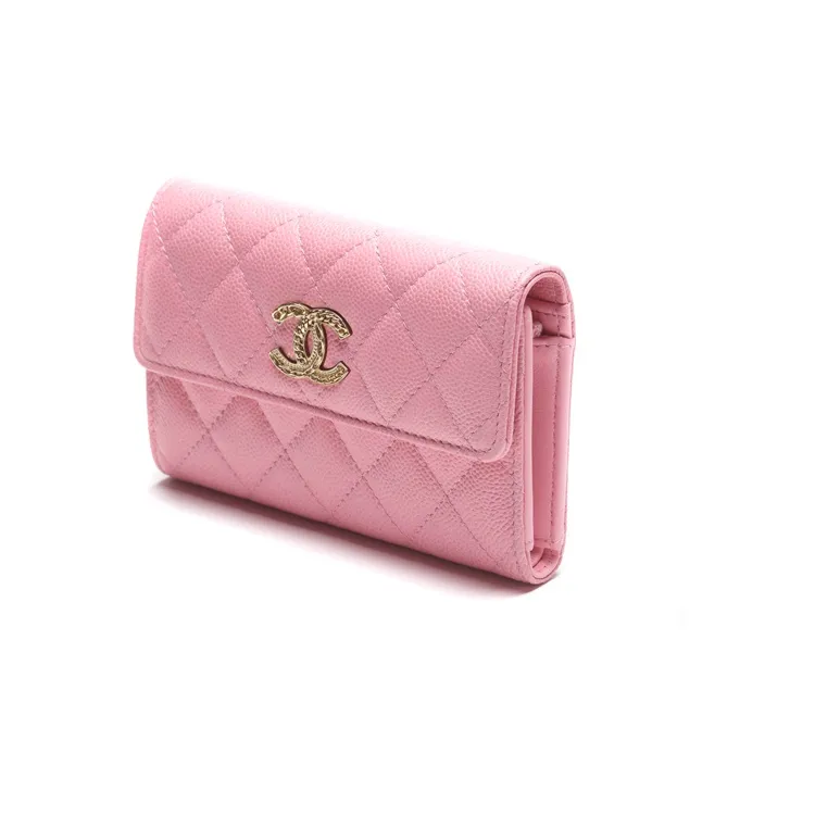CHANEL 22K Autumn And Winter Grain Embossed Caviar Calfskin With Gold Metal Wallet Women's Light Pink Red-1