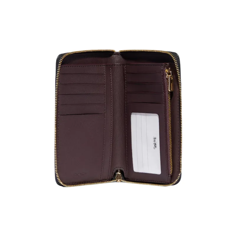 COACH Id Zip Wallet Smooth Calfskin With Smooth Leather Clutch Card Holder, Wallet Medium Size Women's Black-1