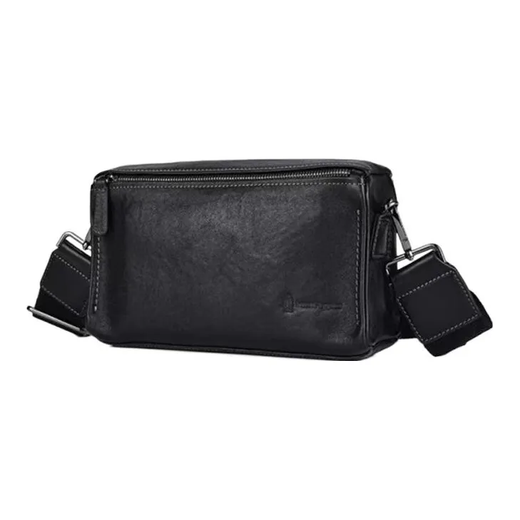 Hush Puppies Top Grain Cow Leather Small Square Bag Handheld Crossbody Bag Shoulder Bag Medium Size Men's Black-1