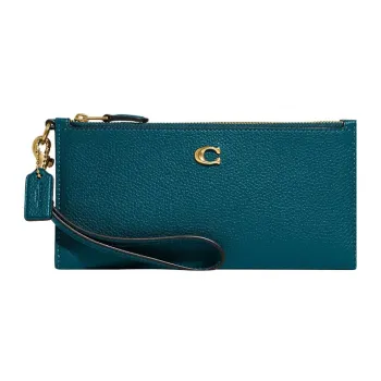 COACH Double Zip Wallet Pebbled Leather Clutches Wallets Medium Size Women's Peacock Blue