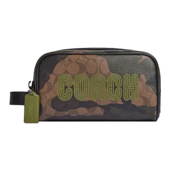 COACH Travel Kit Signature Coated Canvas With Smooth Calfskin Travel Bag Clutch Small Size Women's Army Green