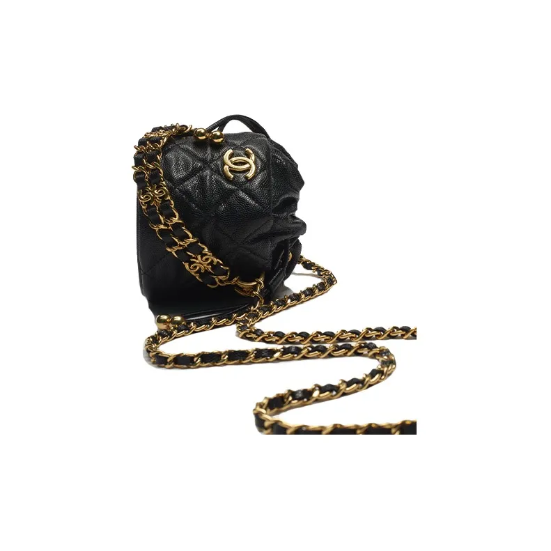 CHANEL 22K Autumn And Winter Grain Embossed Calfskin Bucket Bag, One Shoulder Crossbody Clutch Women's Black-3