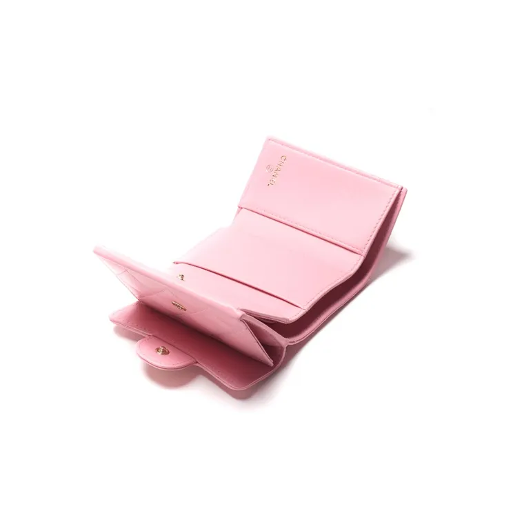 CHANEL 22K Autumn And Winter Sheepskin With Gold Metal Pocket Cover Wallet Small Size Women's Light Pink Red-2