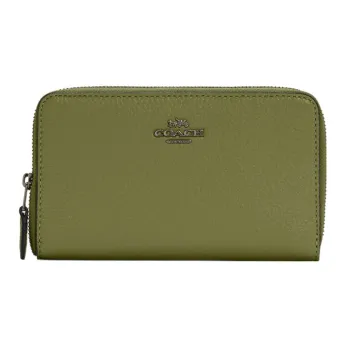COACH Id Zip Wallet Refined Pebble Leather Clutches Card Holder Wallet Medium Size Women's Grass Green