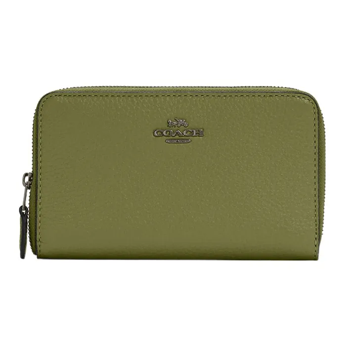 COACH Id Zip Wallet Refined Pebble Leather Clutches Card Holder Wallet Medium Size Women's Grass Green-0