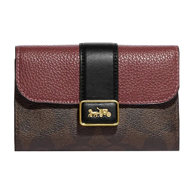 COACH Grace Coated Canvas With Leather Clutch Wallet Medium Size Women's Brown & Burgundy-0