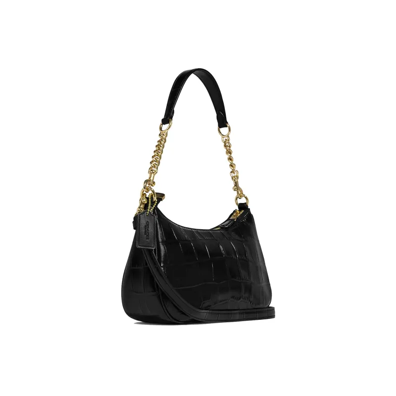 COACH Teri Crocodile Pattern Embossed Leather Shoulder Bag, Handbag, Shoulder Bag Women's Solid Color Black-1