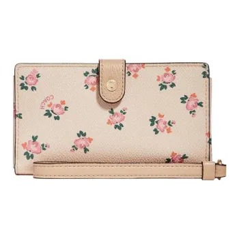 COACH Phone Coated Canvas With Leather Coin Pocket Wallet Cell Phone Pouch Trumpets Women's Apricot With Floral