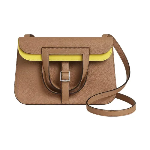 HERMES Halzan Clemence Bullock Leather Horse Shoe Bag Handbag Shoulder Bag Crossbody Bag Women's Milk Tea Beige/Lemon
