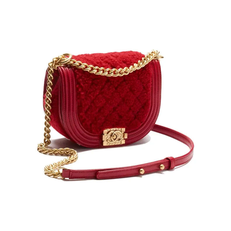 CHANEL 22K Autumn And Winter Wool Boy Saddle Bag, Crescent Bag, Crossbody Bag Women's Red-1