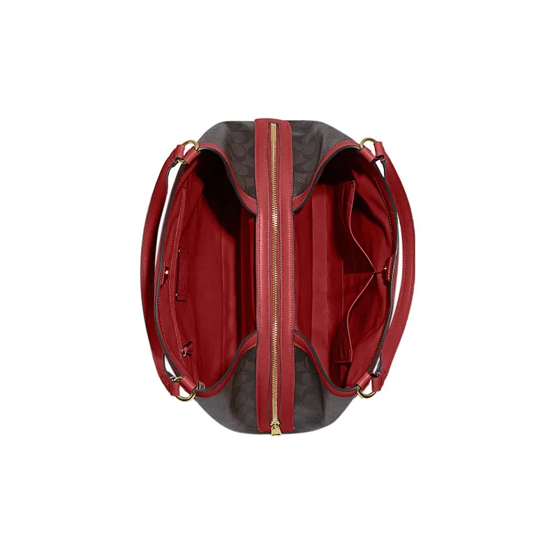 COACH Kristy Iconic Coated Canvas With Smooth Leather Bucket Bag, One Shoulder Handbag Tubas Women's Dark Brown & Red-2