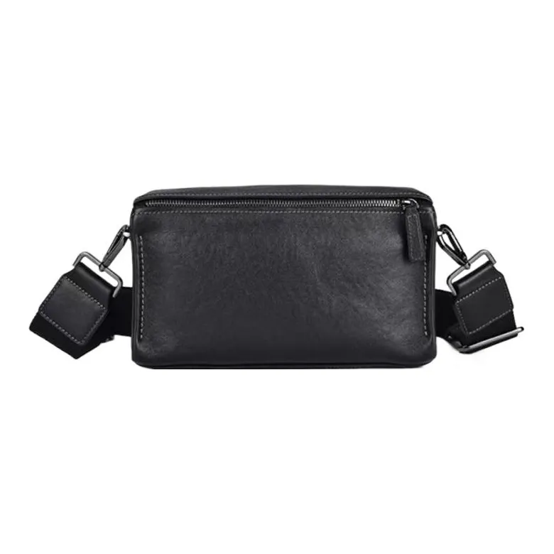 Hush Puppies Top Grain Cow Leather Small Square Bag Handheld Crossbody Bag Shoulder Bag Medium Size Men's Black-0
