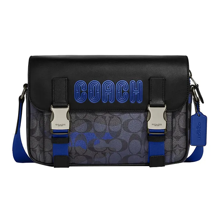 COACH Track Coated Canvas With Leather Cycling Bag, Shoulder Bag, Crossbody Bag Medium Size Men's Old Heather & Blue-0