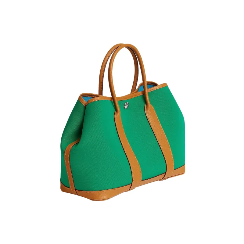 HERMES Garden Party Canvas With Epsom Calfskin Garden Bag Handbag Women's Mint Green/Sesame Brown-1