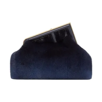 FENDI Fendi First Mink Fur With Sheepskin One Shoulder Crossbody Clutches Medium Size Women's Dark Blue