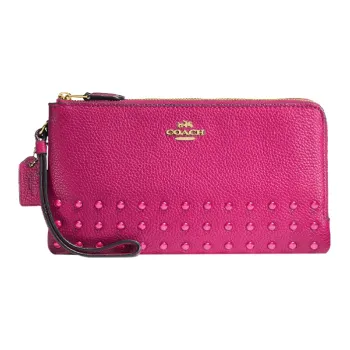 COACH Double Zip Wallet Pebbled Leather Mahjong-Themed Wallet Clutch Wrist Bag Small Size Women's Rose Red