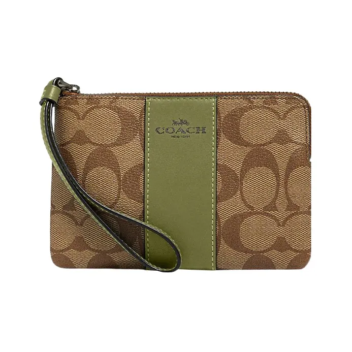 COACH Corner Zip Signature Coated Canvas With Twill Leather Clutch Wrist Bag Small Size Women's Khaki & Olive Green-0