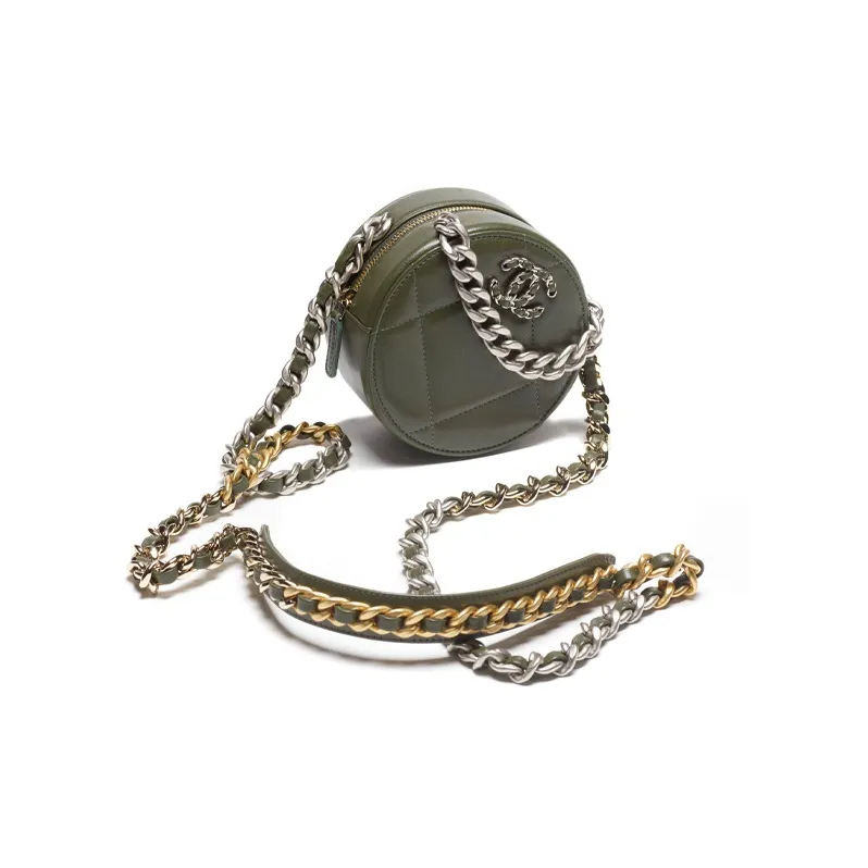 CHANEL 19Bag Lambskin Metal Evening Bag, Round Bag, Clutch, Shoulder Bag, Crossbody Bag Women's Khaki-1