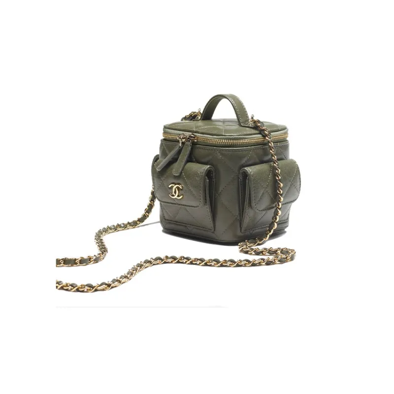 CHANEL 22K Autumn And Winter Sheepskin Crossbody Bag Makeup Bag Small Size Women's Olive Green-1