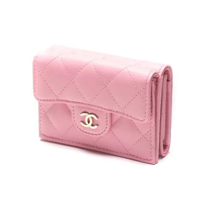 CHANEL 22K Autumn And Winter Sheepskin With Gold Metal Pocket Cover Wallet Small Size Women's Light Pink Red-1