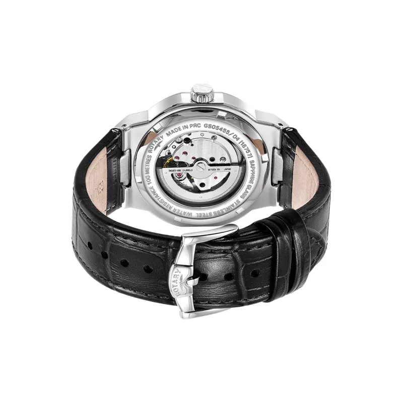 ROTARY Wrist Watch Automatic Mechanical Movement Genuine Leather Strap Black Dial Men's Watches-2