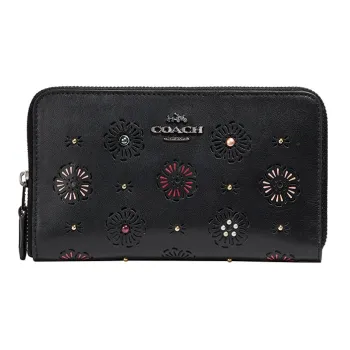 COACH Zip Around Leather Clutches Card Holder Wallet Medium Size Women's Black