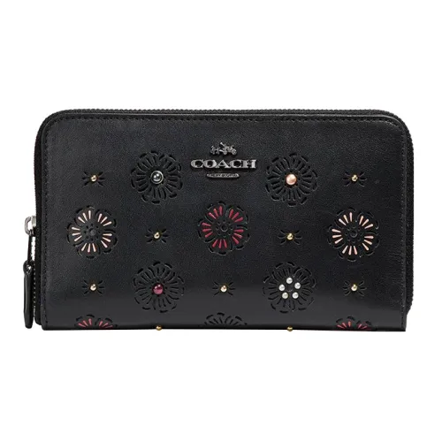 COACH Zip Around Leather Clutches Card Holder Wallet Medium Size Women's Black