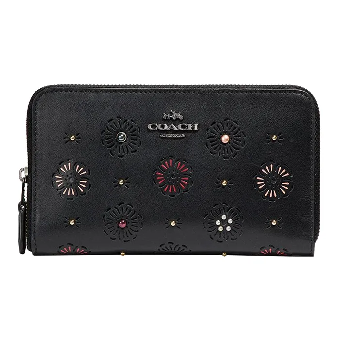 COACH Zip Around Leather Clutches Card Holder Wallet Medium Size Women's Black-0