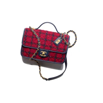 CHANEL Wool Blend Wool Handbag Shoulder Bag Crossbody Bag Small Size Women's Red & Navy