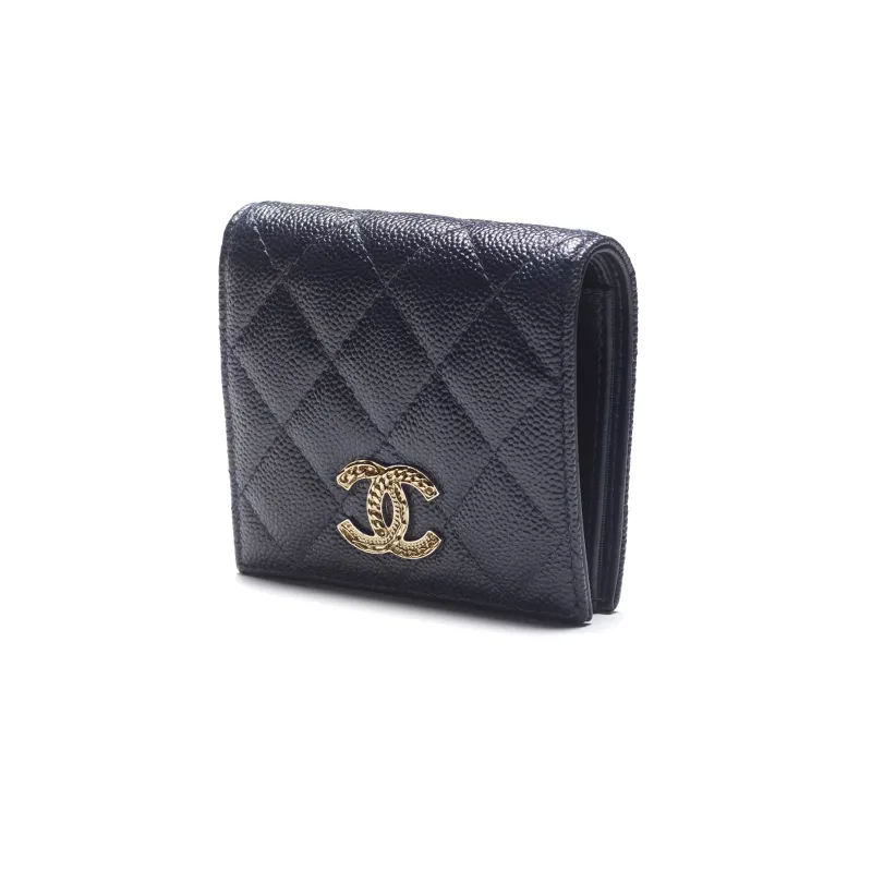 CHANEL 22K Autumn And Winter Grain Embossed Caviar Calfskin Wallet Trumpets Women's Dark Blue-1