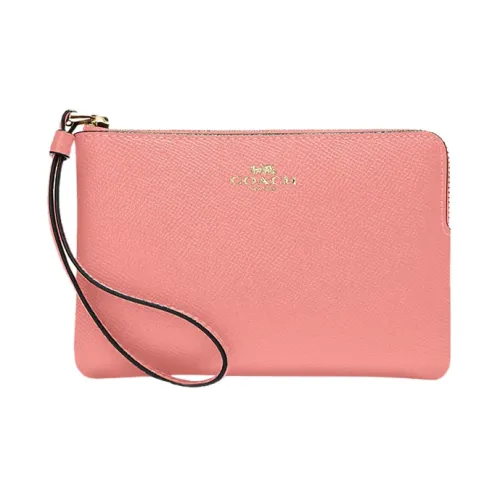 COACH Corner Zip Cross-Stitch Leather Clutch Wrist Bag Small Size Women's Pink