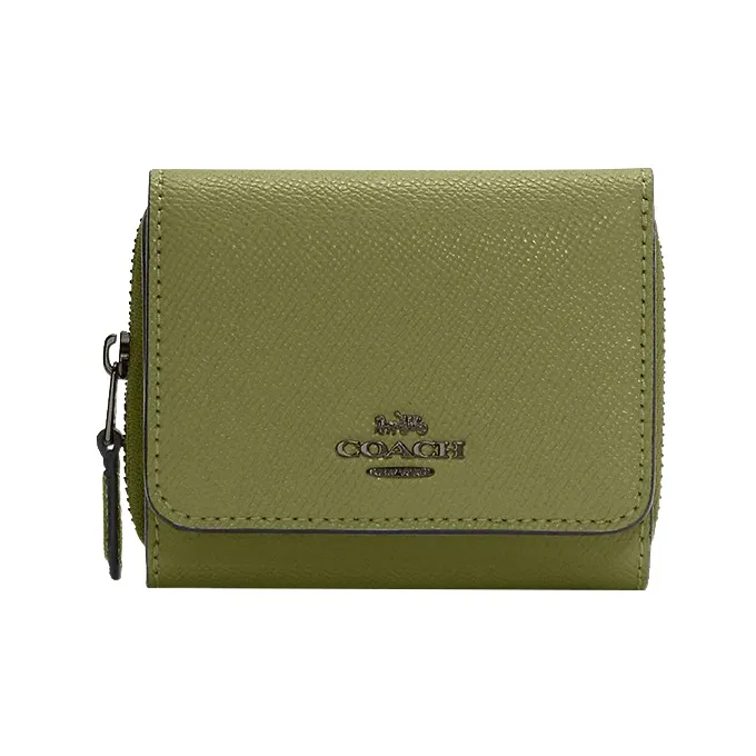 COACH Trifold Wallet Cross-Stitch Leather Coin Purses Wallets Small Size Women's Grass Green-0