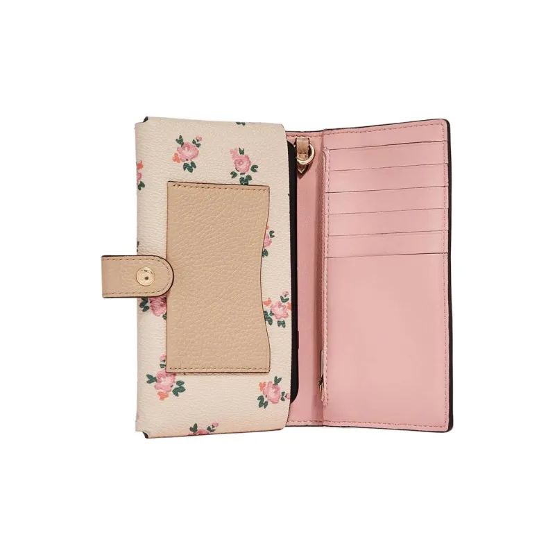 COACH Coated Canvas With Leather Coin Pocket Wallet Cell Phone Pouch Trumpets Women's Apricot With Floral-1