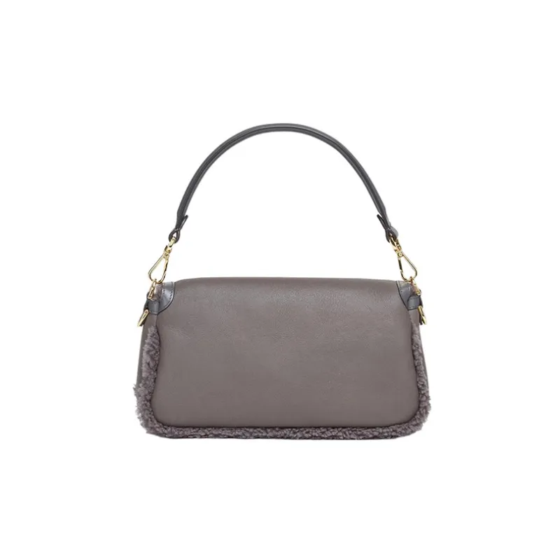 FENDI Baguette Lambskin Mixed Sheep Wool Portable Crossbody Bag Shoulder Bag Women's Dark Gray-2