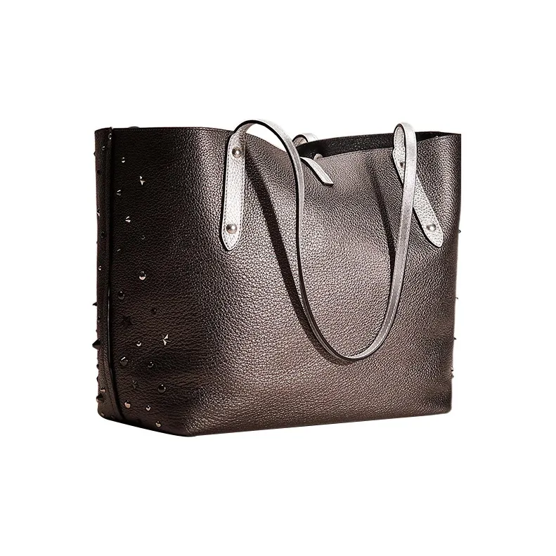 COACH Market Tote Metal Polished Pebbled Leather One Shoulder Handbags Large Size Women's Metal Graphite-1
