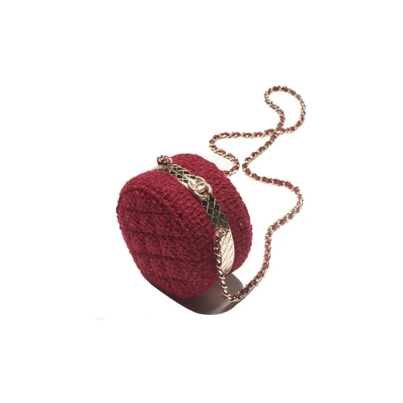 CHANEL Wool Twill Soft Woolen Round Bag, One Shoulder Crossbody Clutch Women's Burgundy-1