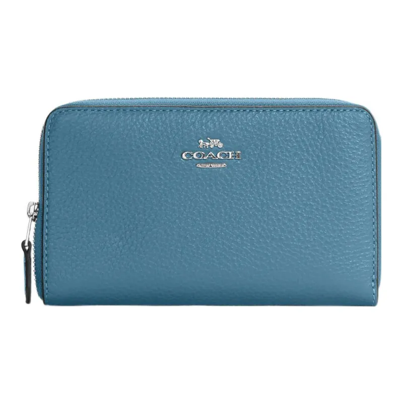 COACH Id Zip Wallet Refined Pebble Leather Clutches Card Holder Wallet Medium Size Women's Light Blue-0
