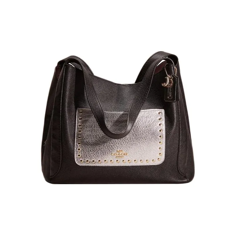COACH Hadley Pebbled Leather Hobo Bag Handbag Shoulder Bag Women's Black & Silver-0