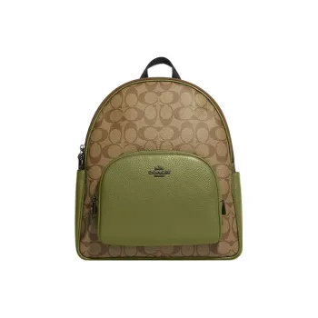 COACH Court Canvas With Pebbled Leather Backpack Medium Size Women's Khaki & Olive Green